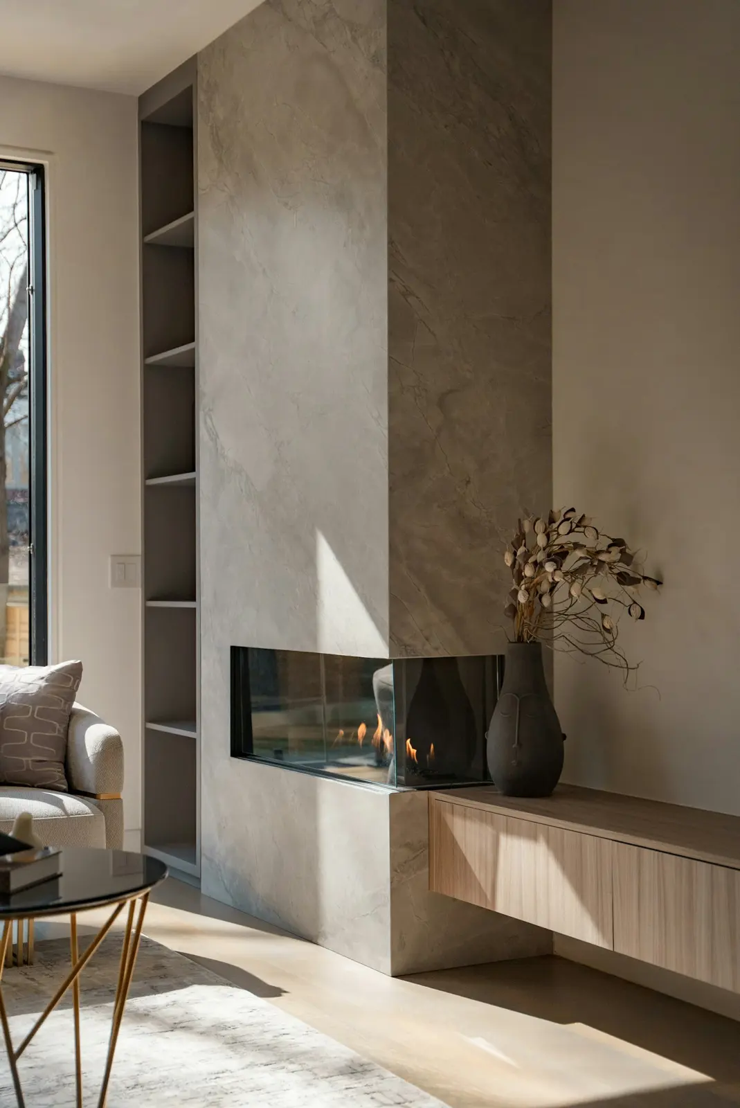 See-through gas fireplace set into a stone wall